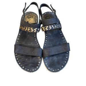 UGG Womens Size 8 Elin Strappy Sandals Adjustable Black Gold Braided 1015035 B37